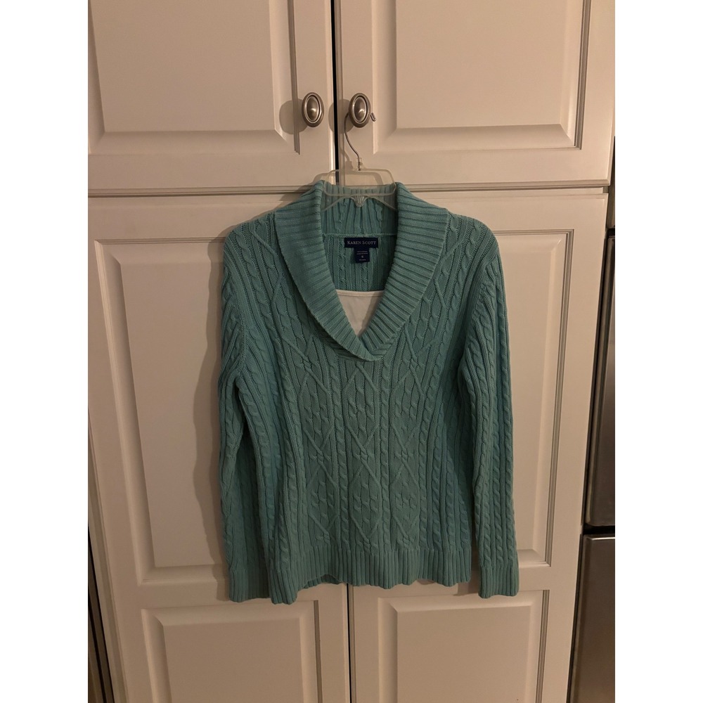 Karen Scott Womens Aqua Blue Cable Knit Shawl Collar Cotton Sweater Size S